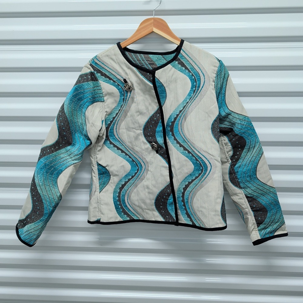 Windridge‎ Jacket Size Medium Womens Turquoise Abstract Wave Art to Wear Blazer